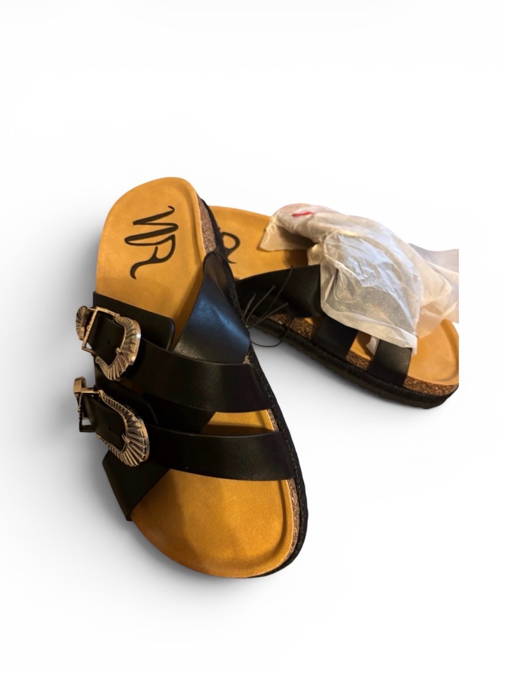 New: size 8 Black Double-Buckle Slip on  Sandals